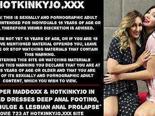 Harper Maddoxx &amp_ Hotkinkyjo in dotted dresses deep anal footing, belly bulge &amp_ lesbian anal prolapse