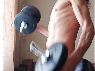 Slim skinny strong guy training naked