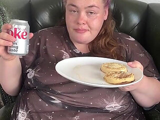 Huge Hungry BBW Stuffing Herself at Breakfast