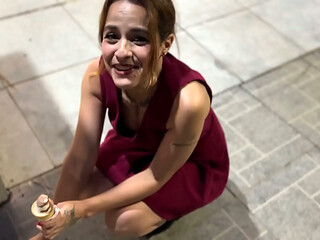 She goes out on the street without panties to have an orgasm in the square and then has sex all wet.