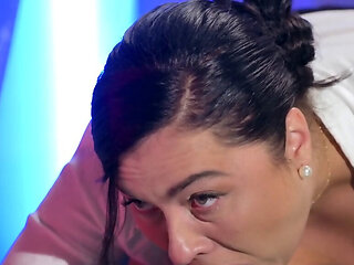 Chubby cock sucker bounces on a man's massive erect penis