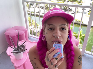 Bimbo Vaping in Your Face Smoke Clouds Outdoors Balcony Vape