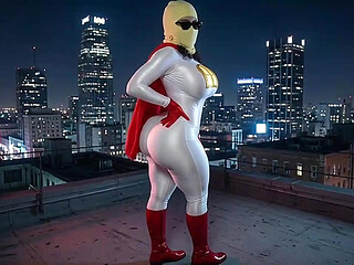 Petite Big Ass Superheroine in White and Red Showing Her Massive Ass
