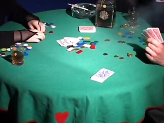 Guy wins a slut after a round of poker and fucks her on the table