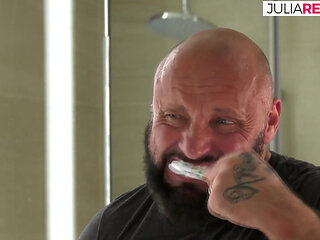 Slut sucks cock then bends over for a fuck to mouth cumshot