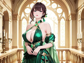 Teasing blonde in a green halter gown on sun-drenched balconies
