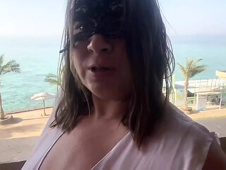 Hairy Pussy on the Outdoor Balcony Masturbates and Orgasms with Squirting.