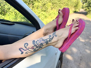 Pink Flip Flops on My Pretty Feet with Long Toes in Outdoor, on the Road, Grass, in the Car, Red Toenails Polish