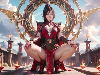 Red Armor Queen Arrives! Taboo Licking in Pure White Space, Shy High-tail Girl Covers Her Chest.