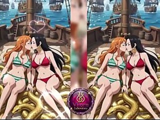 Lesbian babes share horny kiss in anime land