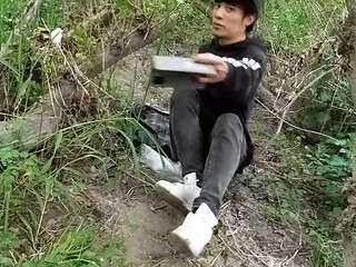 The Cute Gay Twink Jerking off His Cock, Pulled Through His Fly While Outdoors, Is Jon Arteen