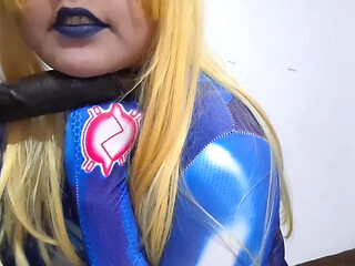 Cute Samus Femboy with BDSM Nosehook Giving a Sloppy Blowjob to BBC Dildo, Deepthroat, and Eating Semen