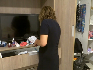 Stepmom returns from the beach, undresses, pees, showers, and gets dressed while watching me jerk off