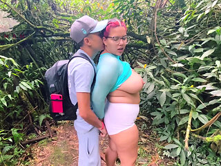Chubby with glasses training in the woods lets a stranger rip her pants