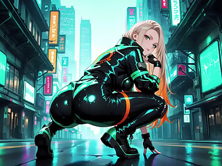 Neon Rain Night! Blonde Agent in Wet Leather Crouching Low, Holographic Glow &amp_ Cold Glances. Can You Handle This Cyberpunk Fantasy?