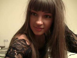 Slim Brunette Melania Dry Humping on Her Bed in Black Pantyhose