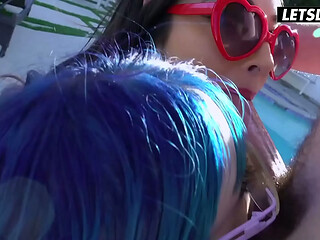 Blue-Haired Babe and Slim Latina Tag-Team His Cock in the Sun, Sloppy Head