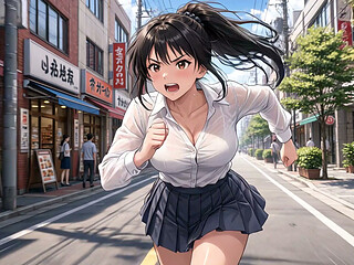 Running down a bustling street, exposing her huge breasts beneath her clothes
