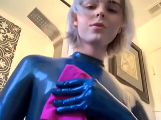 Blonde cosplay tgirl strokes her shecock