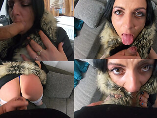 Black fur downjacket makes for hot blowing job