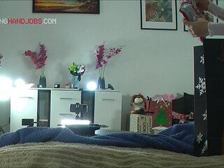 Two girls one guy Christmas Party with lots of precum and endless cock teasing for a handjob challenge