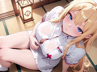 Kneeling in a White High-cut Uniform with Liquid Splashing on Her Chest.