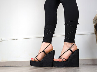 (663) Shoe Collection: Lace up Black Wedge Sandals - Dame Olga