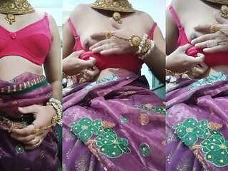 Indian Gay Crossdresser Bottom Gaurisissy Pressing and Playing with Her Big Boobs in Purple Saree with Heavy Jwellery