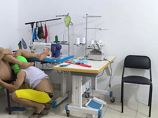 A horny and slutty seamstress seduces her coworker. She invites him over for sex, and her partner sucks her vagina like a whore.
