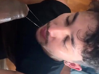 Cute White Boy Receives Cum From a Black Man in His Mouth and Face.