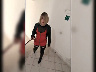 Walk in Parking House, Blonde in Overknee Boots, Red Pvc Dress and Long Leather Coat