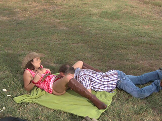 Naughty brunette seduces country boy to bang her outdoors