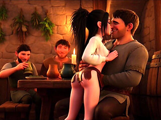 Hot Sensual Platinum Blonde Barmaid Flirty Wild Night in Bustling Medieval Fantasy Tavern with Cheerful Patrons