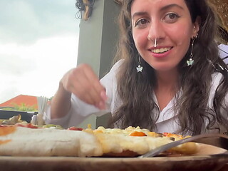Eating pizza with cum on my face in a public cafe