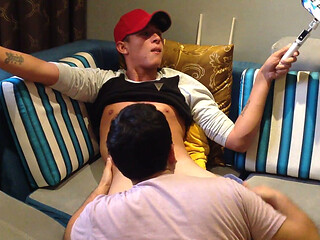 My neighbor films me in selfie mode with his cock down my throat!