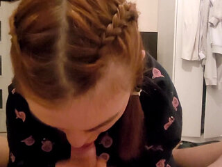 Stepsister with Red Pigtails Sucks Her Stepbrother and He Cums in Her Mouth