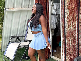 A gorgeous Ebony Milf Fucks her trainer, whos got a massive cock , with her tight pussy whilst her husbands away