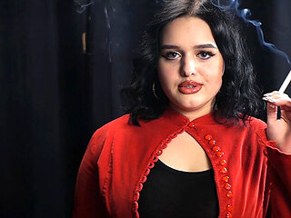 Curvy Brunette Smoking in Red Cardigan