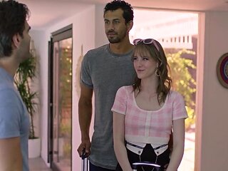 Petite girl with a cute face does not mind two dicks