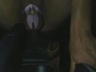 Sissy in Chastity Fucking Her Ass with Gear Shift, Accidental Honk