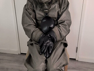 Breathplay masturbation Zodiac Zodiak heavy rubber hazmat suit with gasmask rebreathing bag, gloves, boots