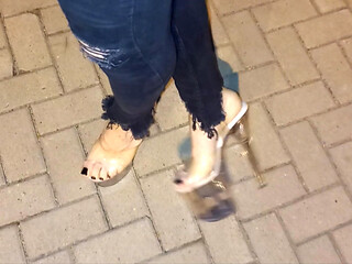 Sexy Feet & Legs in 20cm Sky-High Clear Stilettos - Ripped Jeans Tease
