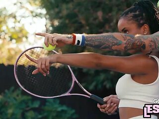 Horny ebony lesbians pleasing each other