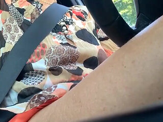 Horny mature wife flashes and rubs her wet pussy in the car in public