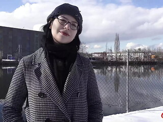 GERMAN SCOUT - Black Hair PAWG Glasses Girl Melli Venom Pick Up for First Casting Fuck in Berlin
