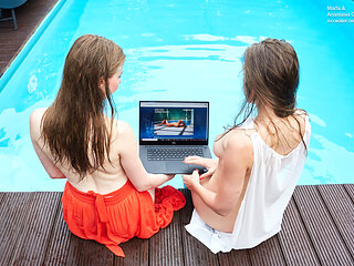 Girlfriends enjoy swimming naked together