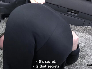 Skinny tramp is shaking her small tits on a massive dong in the van