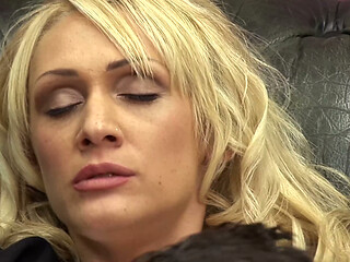 Blonde Secretary in White Lace Stockings Fucks Her Boss on the Leather Sofa