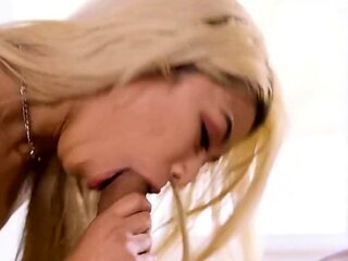 Asian blonde teen polishes stiff pole after massage