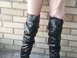 Being very naughty outside and squirting on my boots